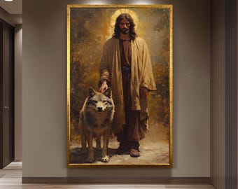 Spiritual Jesus and Wolf Companion Wall Art Print, Sacred Christian Painting in Classical Oil Style, Divine Animal Symbolism Decor Jesus Art