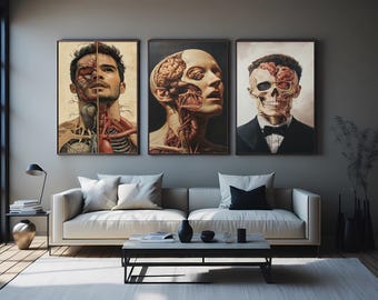 Anatomical Human Wall Art Set of 3 Prints - Realistic Skeleton Muscle Brain Art - Medical Gothic Decor for Doctor Office or Modern Home