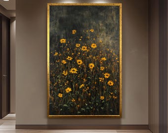 Dark Green Wildflower Field Wall Art Print, Moody Floral Botanical Painting with Yellow Daisies, Rustic Nature Decor for Cozy Interiors