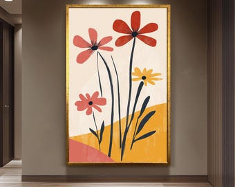 Modern Matisse Inspired Floral Wall Art Print, Minimalist Abstract Flower Poster with Retro Colors for Boho or Mid Century Home Decor