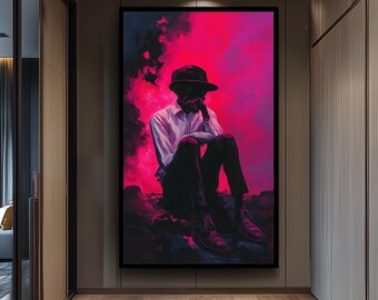 Surreal Moody Wall Art of Pensive Man in Hat Sitting Against Vibrant Pink and Purple Smoke | Emotional Expressionist Portrait Print, Man Art