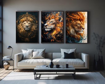 Majestic Lion Wall Art  Abstract Animal Canvas Prints for Living Room, Office or Bedroom Bold Safari Decor and Powerful Gift for Lion Lovers