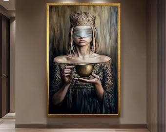 Blindfolded Queen Wall Art Regal Woman Holding Golden Cup Canvas Print, Mysterious Symbolic Oil Painting for Elegant and Dark Modern Décor