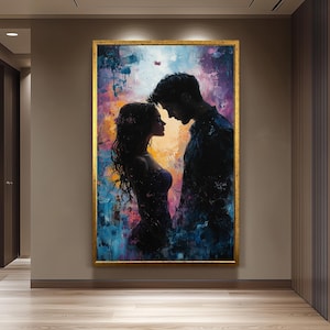 Romantic Couple Painting, Intimate Lovers Wall Art, Passionate Love Silhouette Print, Abstract Relationship Artwork, Modern Bedroom Decor