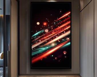 Diagonal Neon Light Streaks And Glowing Particle Effects On Black Canvas Wall Art For Modern Abstract And Futuristic Interior Design