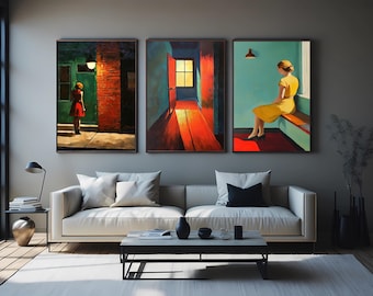 Retro Figurative Wall Art Set of 3 Open Doorway Light Woman in Yellow Dress Red Brick Street Urban Silence Moody Minimalist Color Prints