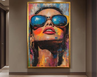 Vibrant Pop Art Woman with Sunglasses Wall Art, Color Explosion Portrait Canvas Print in Urban Graffiti Style for Bold Modern Interiors