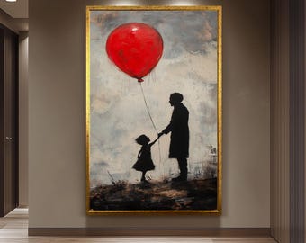 Banksy Inspired Street Art Canvas Print with Red Balloon and Child on Cliff, Modern Surreal Wall Art for Urban Contemporary Decor