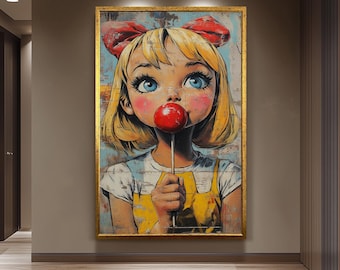 Pop Art Girl with Lollipop Canvas Print Retro Comic Style Wall Art Bold Colorful Feminine Decor for Modern Playful Interior Spaces