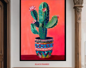 Colorful Cactus Wall Art Print with Bright Floral Pot and Vibrant Painted Background for Boho Desert Home or Southwestern Decor Floral Art