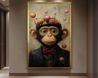 Whimsical Chimp Portrait Canvas Wall Art – Surreal Animal Decor for Living Room, Office or Nursery Playful Jungle Gift for Monkey and Art