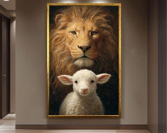 Lion and Lamb Canvas Wall Art Print – Spiritual Christian Artwork for Living Room, Church or Prayer Room Inspiring Religious Gift Home Decor