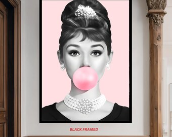 Elegant Pop Art Girl Blowing Pink Bubble Gum Poster with Vintage Glam Look and Pearl Jewelry for Chic Fashion Room Wall Decor Pop Wall Art