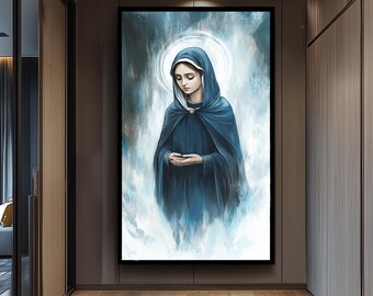 Contemporary Virgin Mary Painting in Blue Cloak with Radiant Halo, Serene Spiritual Canvas Art for Catholic Home or Prayer Room Decor
