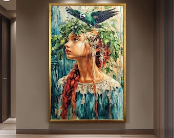 Nature Spirit Girl Art Ethereal Portrait with Parrot and Leaf Crown Canvas Print, Whimsical Fantasy Painting for Boho and Artistic Décor