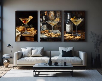 3 Piece Cocktail Wall Art Set, Elegant Martini Glass and Wine Bottle Still Life Prints, Luxury Bar and Kitchen Decor for Home and Lounge