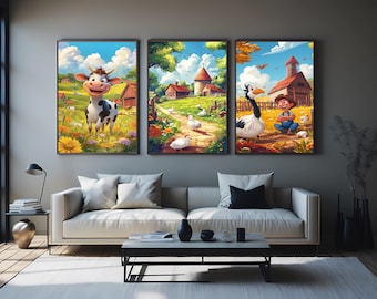 Whimsical Farm Animal Wall Art Set of 3 –Cute Countryside Illustrations with Chickens, Cow, Farmer and Barns for Rustic Home Decor Kids Room