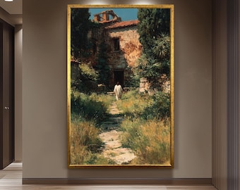 Jesus Walking Toward Ancient House in Overgrown Garden Rustic Faith Wall Art Print for Christian Home Prayer Room or Reflection Space