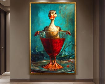 Surreal Duck Wall Art, Whimsical Animal Oil Painting, Quirky Bird in Glass Canvas Print, Funny Farmhouse Decor, Unique Vintage Artwork