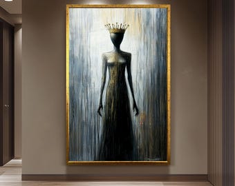 Faceless Queen Wall Art, Abstract Gothic Painting, Mysterious Dark Print, Regal Crowned Woman, Surreal Minimalist Art, Modern Gothic Decor