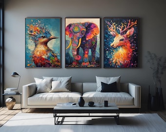 Colorful Animal Wall Art Set of 3 – Elephant Deer and Bird Modern Abstract Prints – Vibrant Textured Wildlife Canvas Home Decor Animal Print