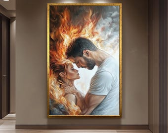 Passionate Love Painting on Canvas, Fiery Romantic Couple Wall Art, Hand Painted Intimate Artwork, Emotional Lovers Portrait, Unique Gift