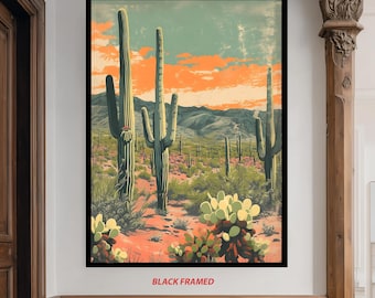 Vintage Desert Landscape Canvas Wall Art – Southwestern Cactus Sunset Print for Rustic, Boho or Western Style Home Decor Landscape Wall Art