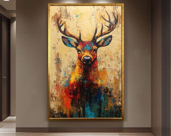 Colorful Pop Art Deer Painting on Canvas, Abstract Animal Wall Art with Vibrant Splashes, Modern Wildlife Home Decor Print, Animal Wall Art