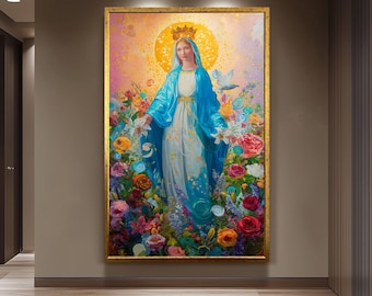 Virgin Mary Wall Art Colorful Floral Catholic Canvas Print Holy Mother With Blue Cloak Surrounded By Roses Lilies And Divine Light