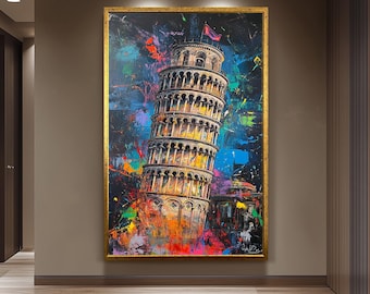 Colorful Leaning Tower of Pisa Wall Art Print, Vibrant Italy Landmark Canvas, Modern Abstract Travel Decor, Urban Splash Painting Poster