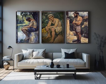 Post Impressionist Wall Art Set of 3 Thoughtful Male Portrait Paintings in Nature Vintage Figurative Decor for Classic Interiors Man Artwork