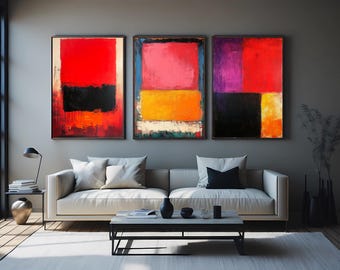 3 Piece Abstract Wall Art Set, Modern Color Block Canvas Prints in Red Black Orange, Bold Contemporary Artwork for Living Room Decor