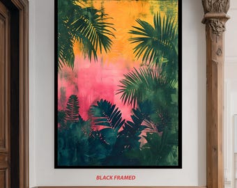 May include: A framed art print featuring a vibrant tropical scene. The artwork showcases lush green palm leaves against a backdrop of pink, orange, and yellow hues. The words "BLACK FRAMED" are printed at the bottom.