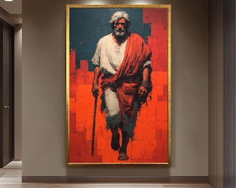 Bold Abstract Jesus Walking Painting in Red and Blue Modern Christian Wall Art Print for Faith-Inspired Homes or Prayer Room Decor