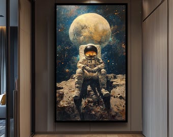 Astronaut on the Moon Wall Art, Surreal Space Painting, Cosmic Sci-Fi Print, , Futuristic Space Decor, Surreal Astronaut Poster