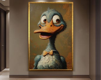 Funny Surreal Duck Portrait Wall Art with Bow Tie in Vintage Oil Painting Style for Whimsical, Playful, or Eclectic Home Decor, Duck Artwork