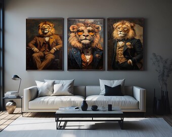 Lion Gentleman Art  Regal Animal Portrait Canvas Wall Prints for Office, Library or Living Room Vintage Steampunk Decor and Unique Gift Idea