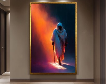 Jesus Walking in Light Modern Abstract Christian Painting Spiritual Wall Art in Warm Tones of Faith and Hope for Prayer Room or Home