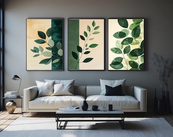 Green Leaf Botanical Prints: Minimalist Abstract Wall Art Set
