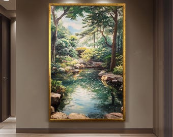 Vintage Garden Pond Wall Art Serene Landscape Oil Painting Lush Trees Water Reflection Nature Scene Canvas for Rustic or Classic Decor