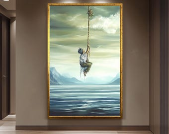 Surreal Inspirational Wall Art of Boy Climbing Rope into the Sky over Water and Mountains in Dreamlike Oil Painting Style, Surreal Wall Art