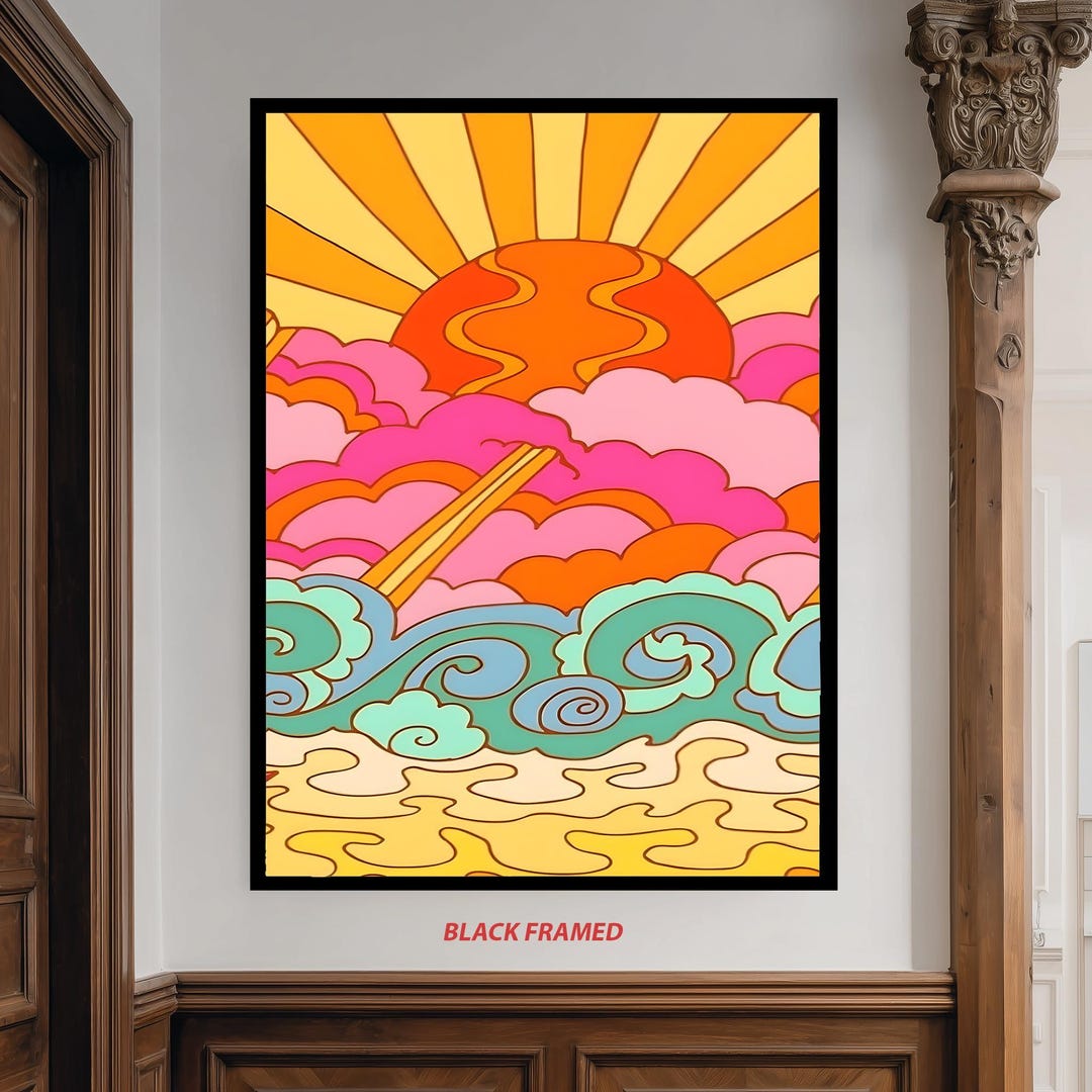 Retro Sunrise Canvas Wall Art With Colorful Clouds Ocean Waves and