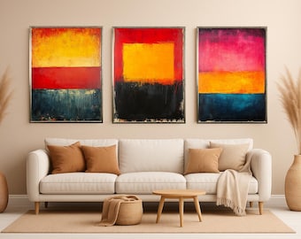 Abstract Modern Wall Art Set of 3 Prints, Bold Color Block Canvas Style in Red Yellow Blue, Minimalist Contemporary Home Decor Colorful Art