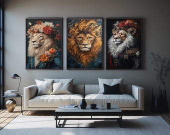 Royal Lion Wall Art Set of 3 – Floral Lion Portraits with Crown, Regal Jungle King and Elegant Lioness in Baroque Attire Prints Surreal Lion