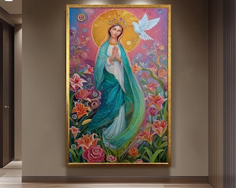 May include: An ornate painting of a woman with a halo, wearing a teal and white robe, and a gold crown. A white dove flies near her head. The background features a golden sun, pink and purple hues, and colourful flowers.
