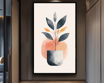 Modern Abstract Plant Wall Decor, Hand Drawn Leaf Illustration in Blue Pot with Orange Accents, Minimalist Botanical Poster for Home Decor