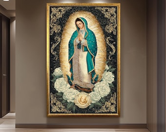 Our Lady Of Guadalupe Wall Art Full Body Catholic Canvas Print Virgin Mary In Teal Mantle Surrounded By Gold Light And White Roses