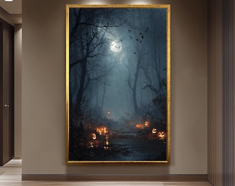Dark Misty Forest Path With Glowing Jack-O'-Lanterns And Full Moon Canvas Wall Art For Halloween And Spooky Room Decor  Living Room Canvas