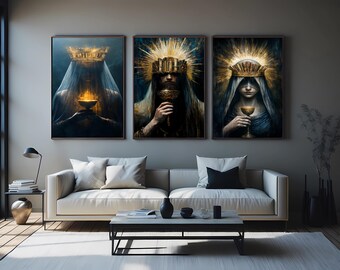 Mystic Royal Wall Art Set of 3 – Surreal Figures with Book Crowns and Golden Chalices in Dark Divine Gothic Fantasy Style Queen Wall Art