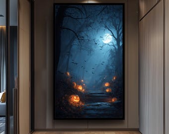 Spooky Forest Stairway With Glowing Jack-O'-Lanterns And Full Moon Canvas Wall Art For Halloween And Haunted House Decor Living Room Canvas